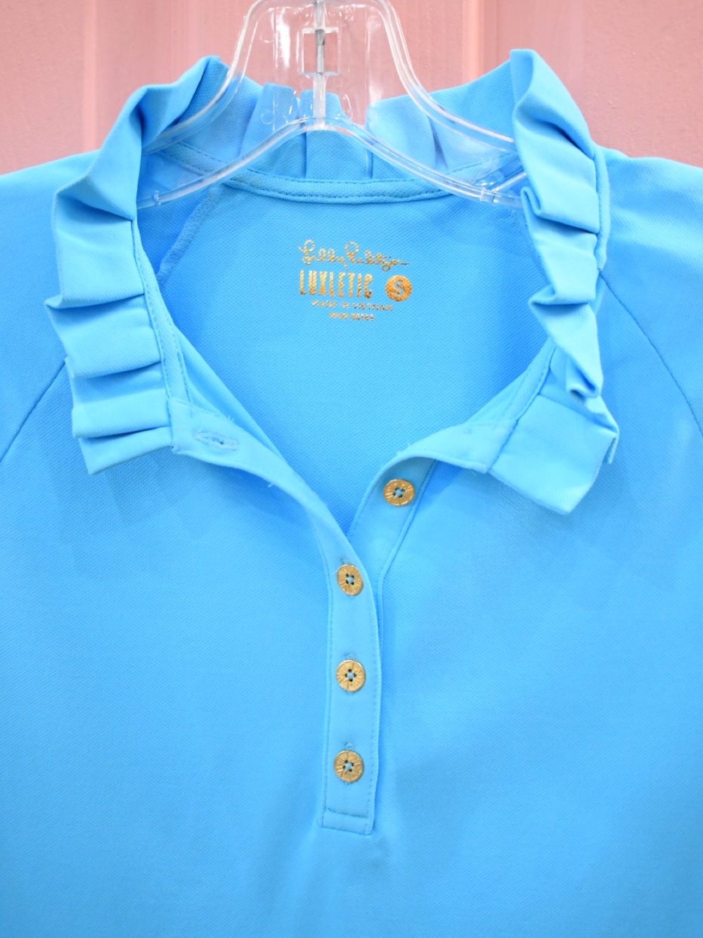 Lilly Pulitzer Luxletic Ruffle Collar Pullover Top Gold Buttons  Light Blue S - Picture 2 of 8